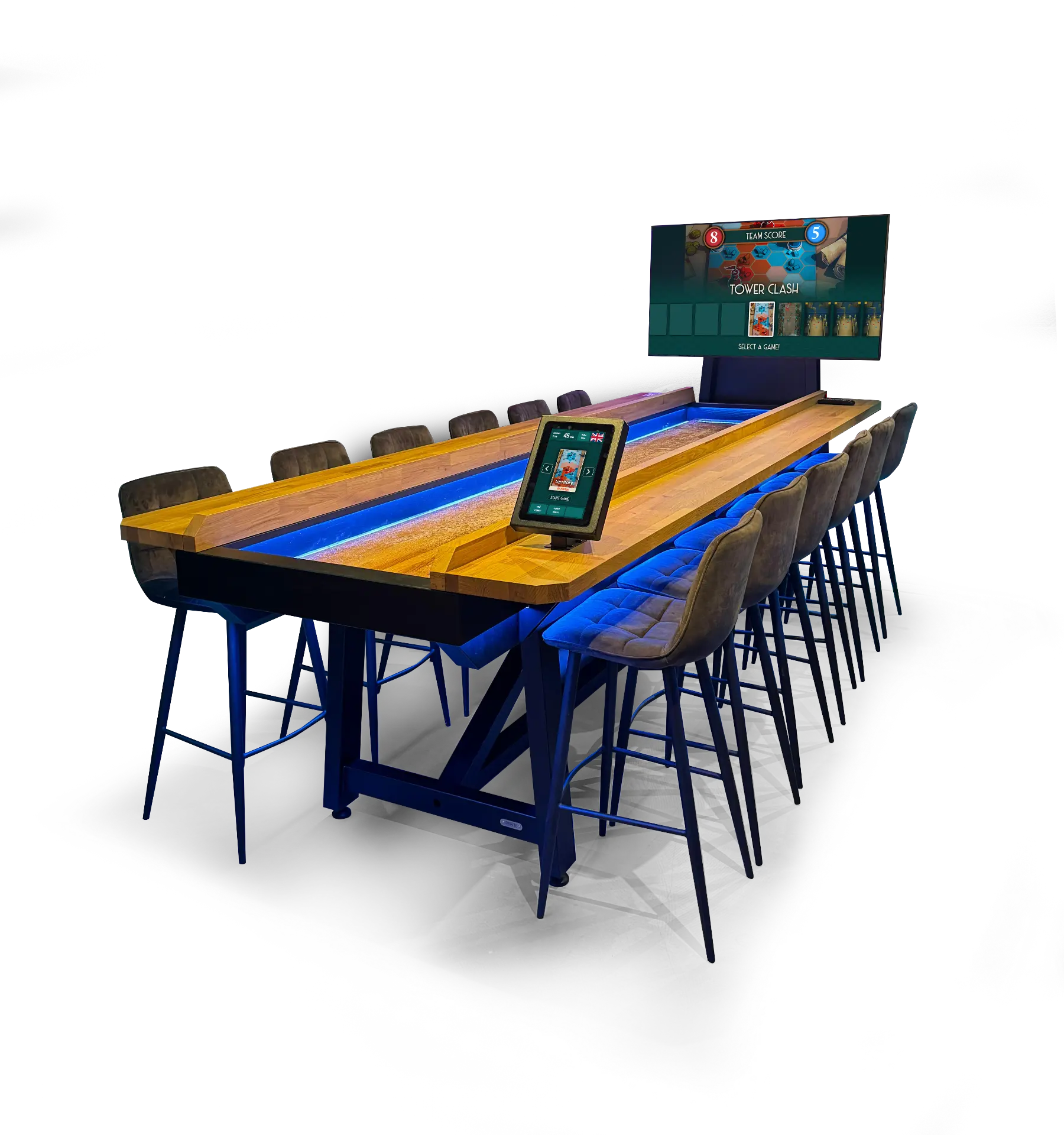 Shuffly Interactive shuffleboard with LED playfield and scoreboard screen