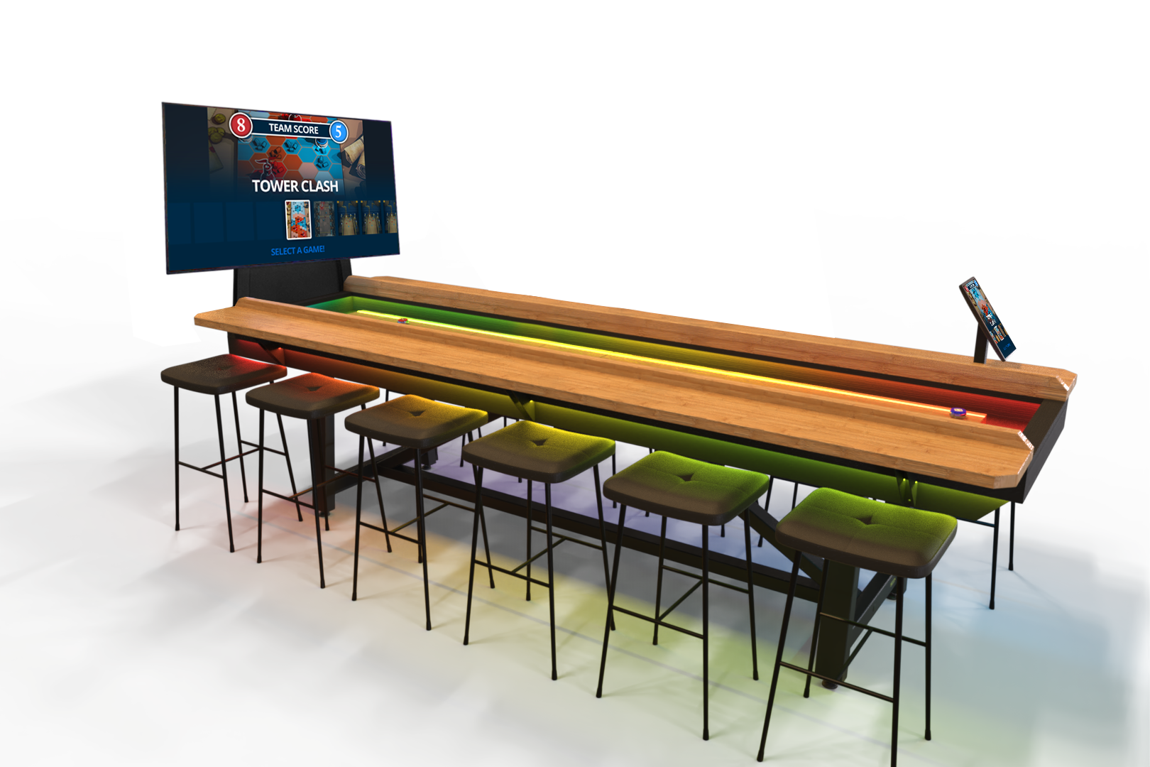 Interactive shuffleboard with illuminated playing surface and score screen