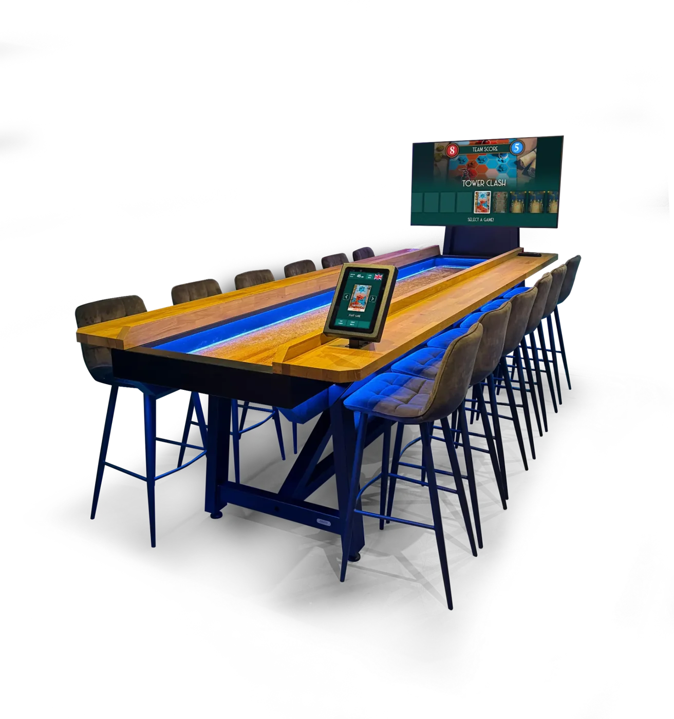 Shuffly Interactive shuffleboard with LED playfield, scoreboard screen and bar seating